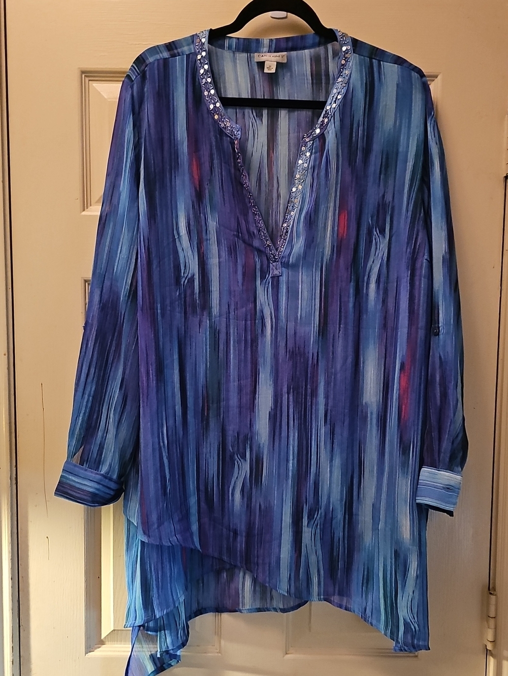 Catherines Blue and Purple Striped V-Neck Tunic with Sequin Trim
